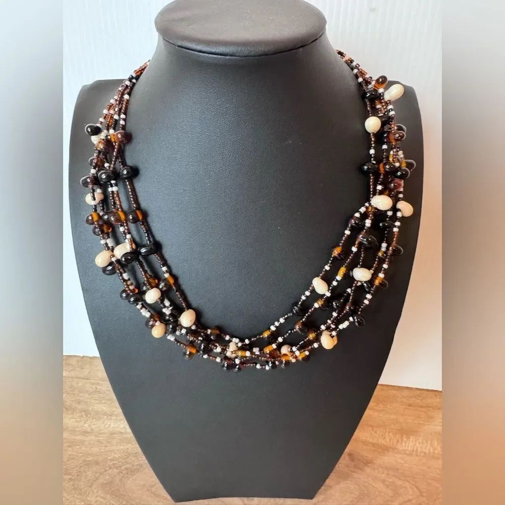 Multi-Strand Glass Beaded Necklace Browns & Cream Neutral Classic Boho Hippie